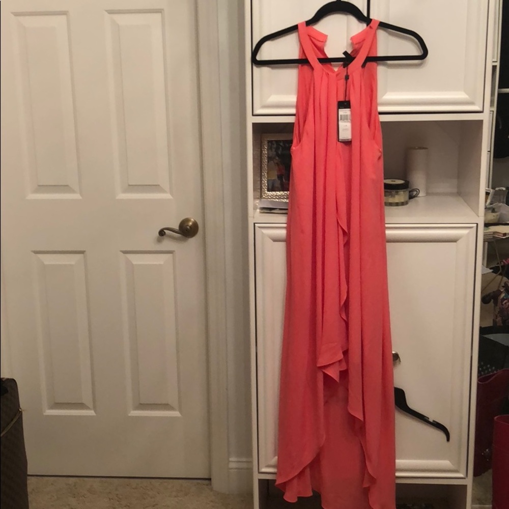 Tangerine BCBG “Lanna” high-low dress with ruffle